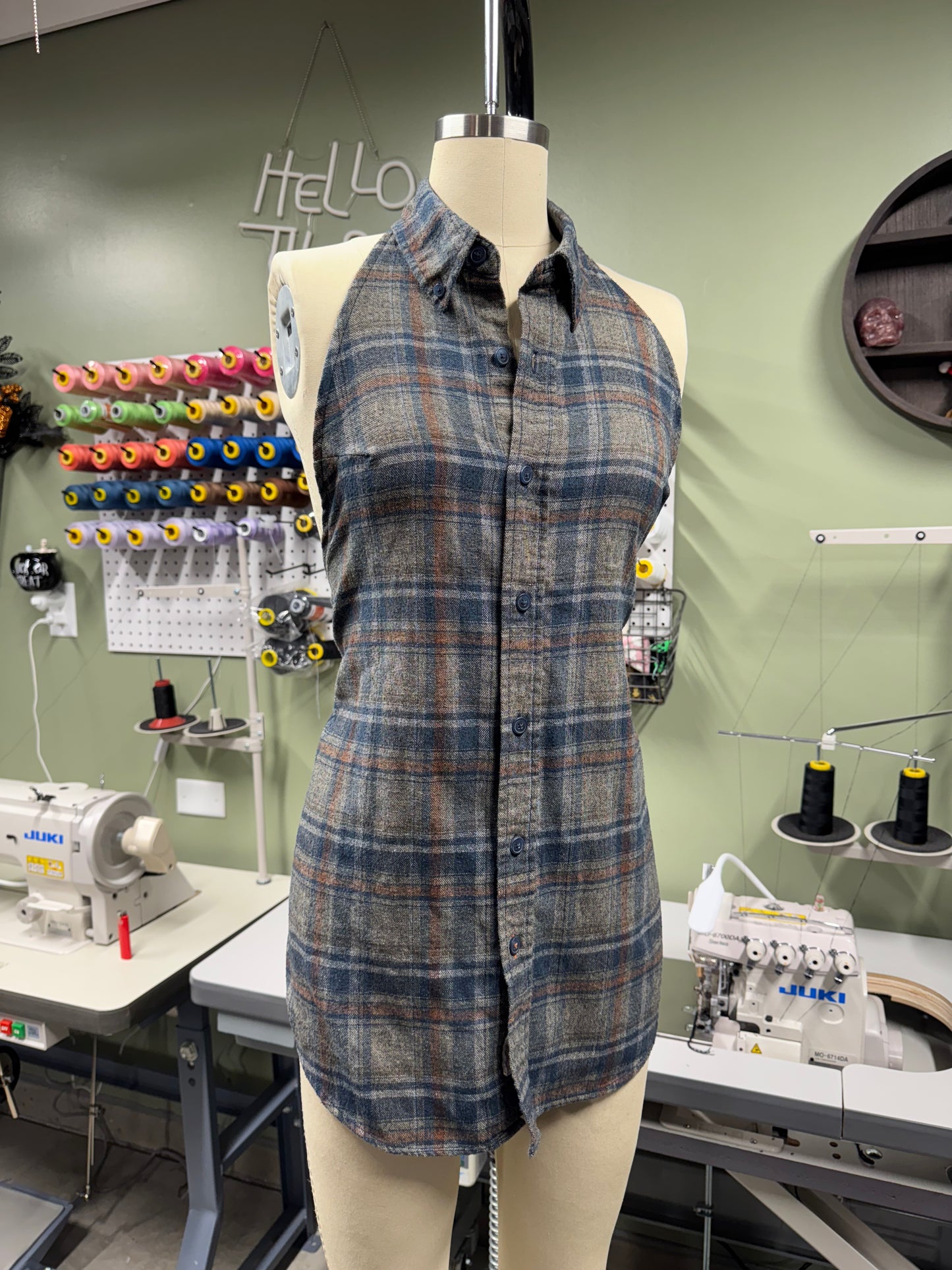Upcycled Flannel Halter Shirt Dress (Blue Brown Plaid)