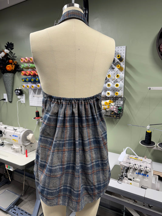 Upcycled Flannel Halter Shirt Dress (Blue Brown Plaid)