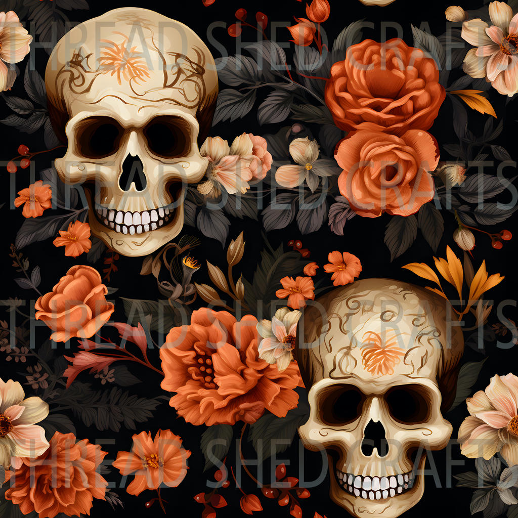 Skull Orange Floral Black Background